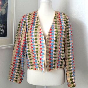 Vintage 90s Y2K Satin Ribbon Collarless Blazer Jacket Medium